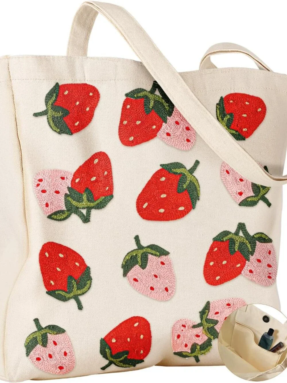Embroidery Tote Bag with Pocket & Buckle - Reusable Canvas Tote for Women Cute A